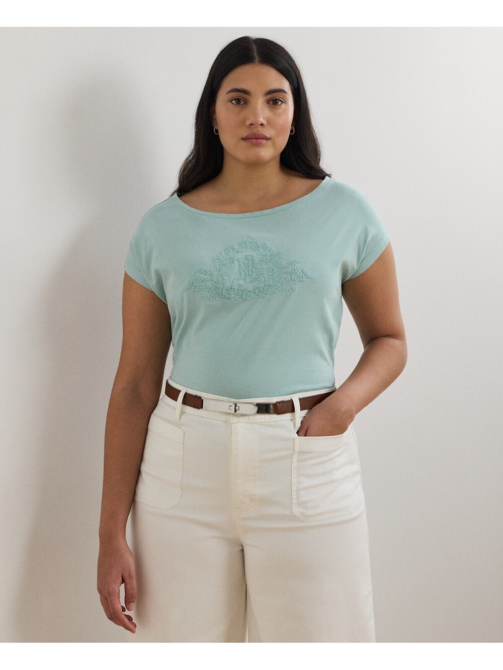 Lauren Ralph Lauren Plus Size Beaded-Logo Top J Pale Blue 2X